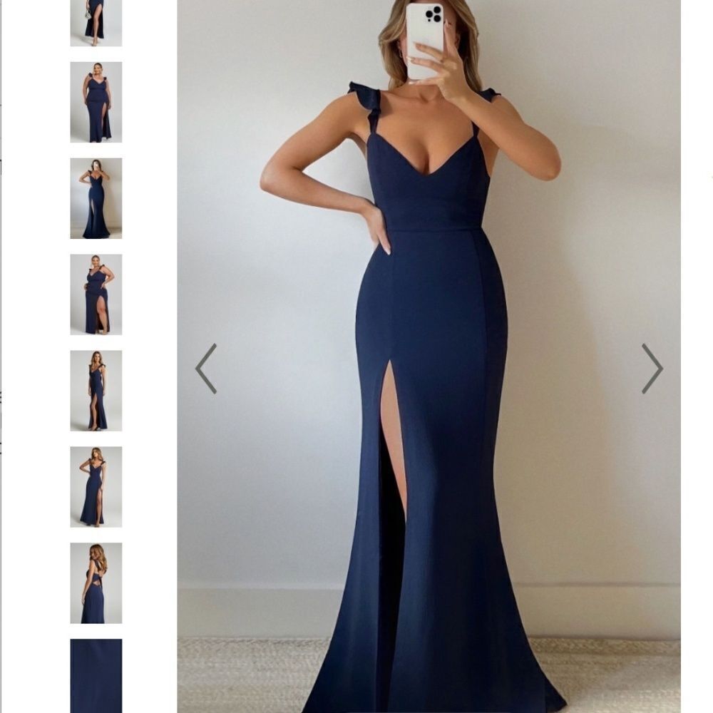 Showpo MORE THAN THIS DRESS - RUFFLE STRAP THIGH SPLIT DRESS IN NAVY Size 10